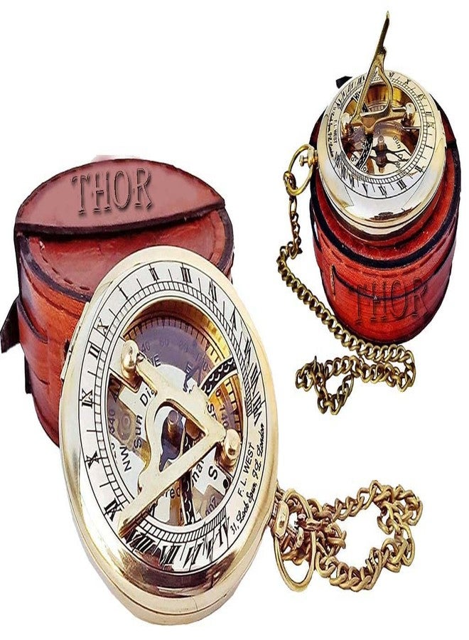 THOR INSTRUMENTS Beautiful Brass Sundial Compass with Brown Leather Case & Chain | Push Open Compass | Camping | Hiking Steampunk | Accessory Brass Finish | Sundial Clock Anniversary | Valentine’s Handmade Gift - Image 4